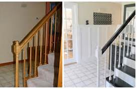 Before and after refinishing stairs