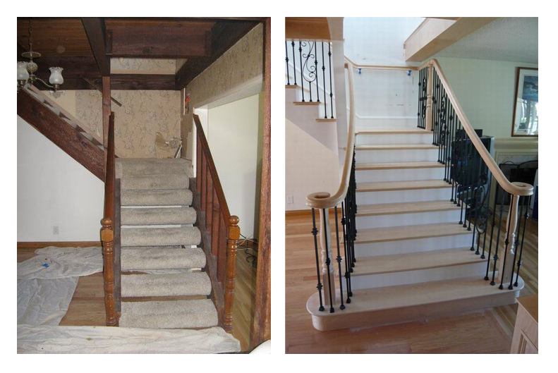 Before and after using decorative balusters for a stair remodel